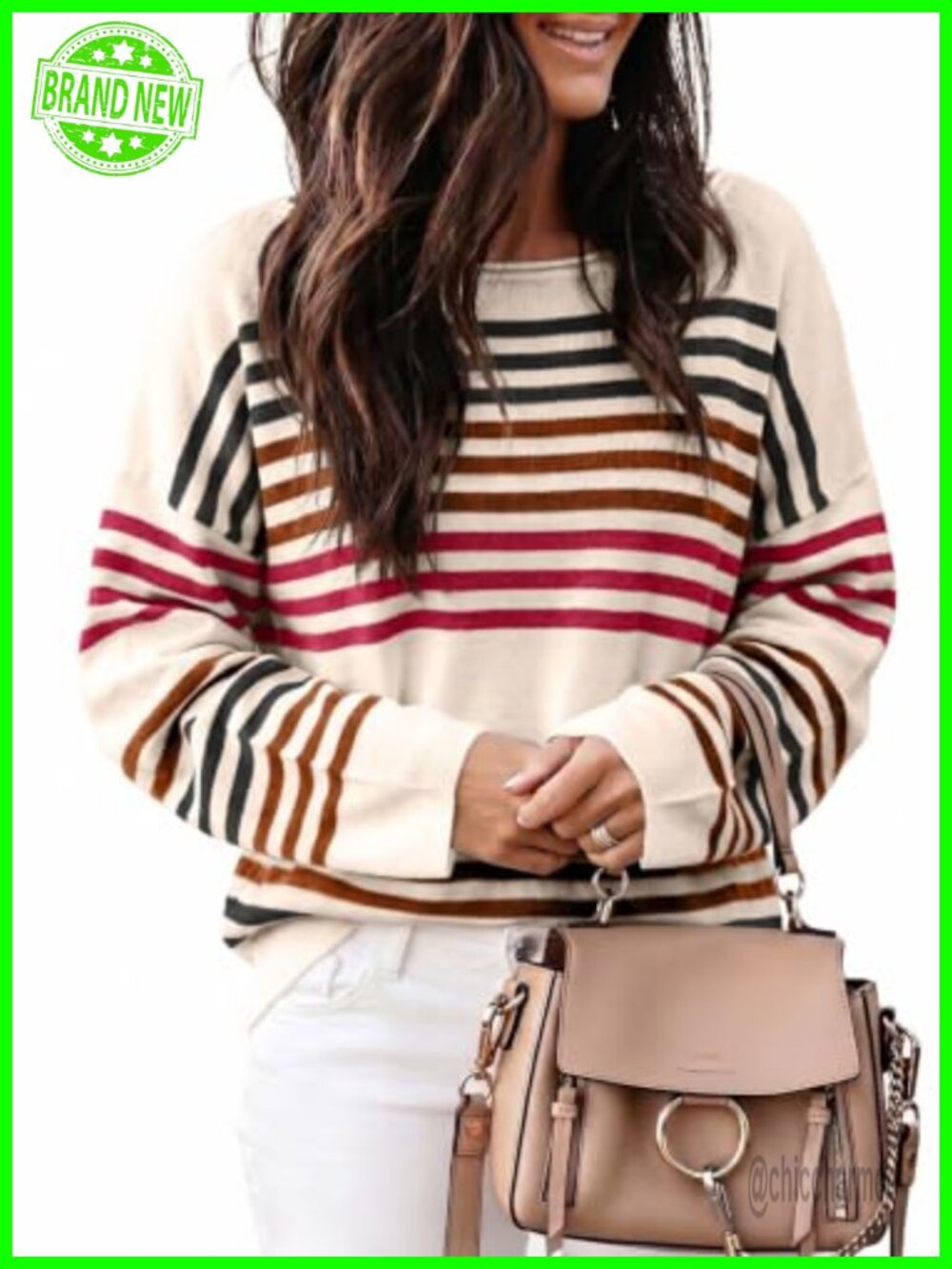 Striped Knit Pullover Sweater Long Sleeve Crewneck Cozy Fall Top